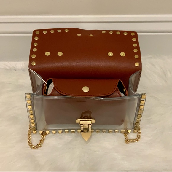 Studded Clear Box Bag – Designer Inspired Brown & Gold Crossbody Purse - Picture 4 of 6
